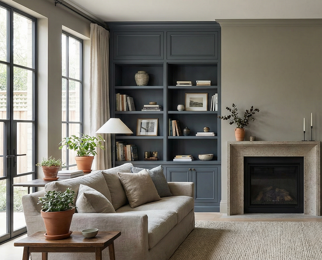 Newly painted family room, neutral tones with muted blue bookshelves