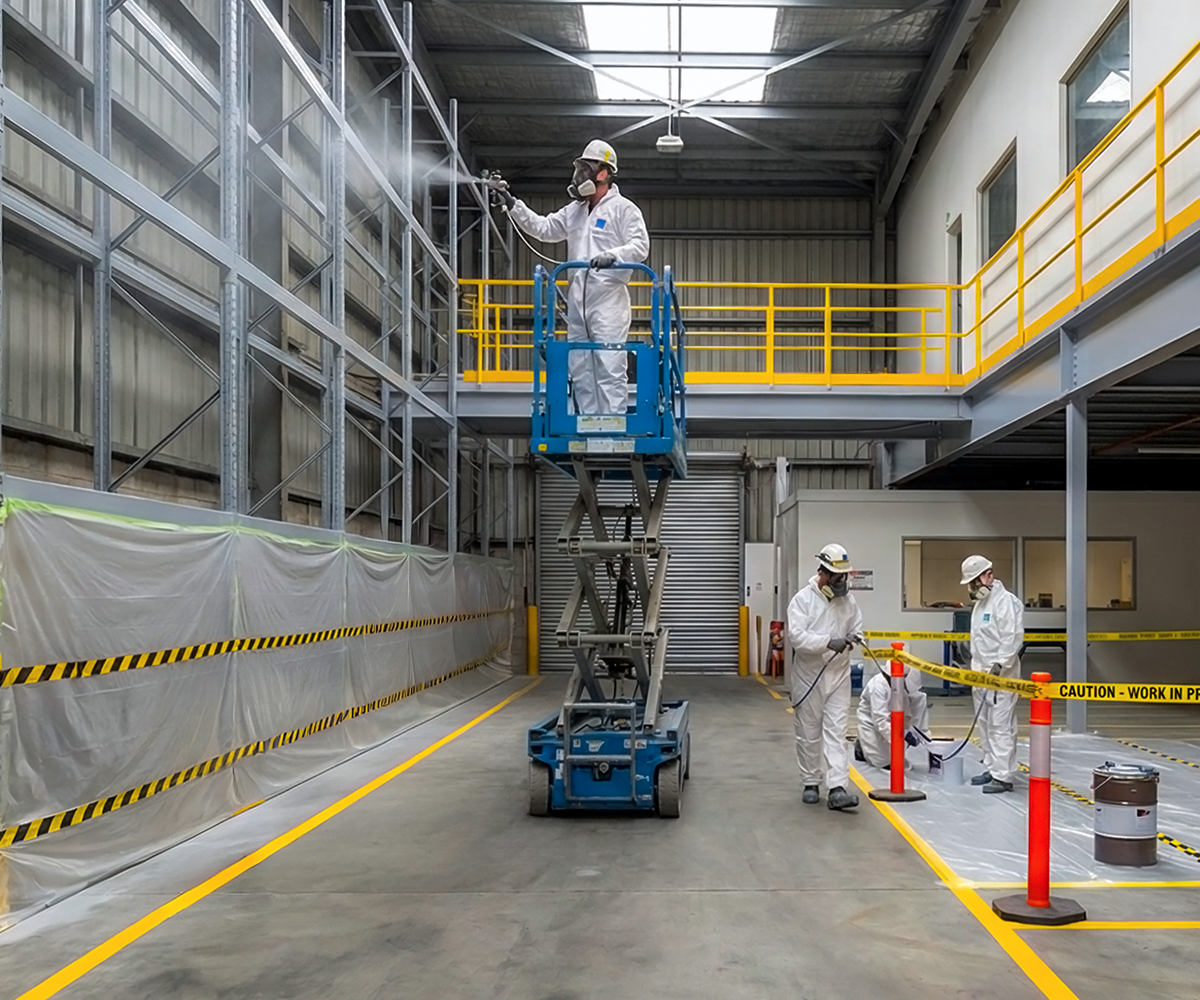 Painting crew using scissor lift and sprayer to repaint warehouse racks.